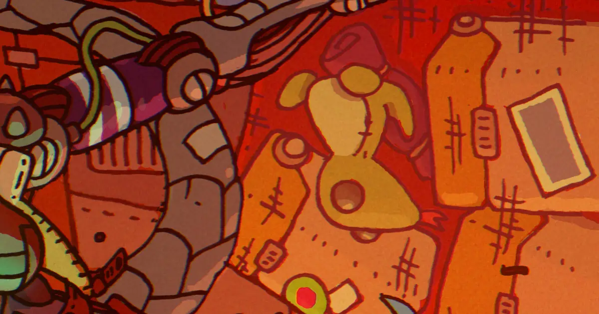 An illustration of two synthetic, robotic women working in a cramped, industrial communications closet bathed in heavy red and orange light. One stands leaning over on the left, wearing a yellow cyberjacket left open over her mechanical chest. Her face is a dark screen displaying glowing amber eyes, and she holds a red diagnostic device connected to wires. Below her on the right, the other is crouched low to the floor, her face a screen with glowing green eyes, as her taloned hands work on a messy tangle of cables inside an open floor panel. The room around them is cluttered with pipes, hanging wires, and metallic bulkheads, giving the scene a warm, claustrophobic, and highly technical atmosphere.