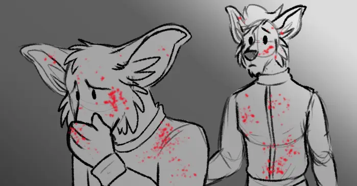 An illustration of two vulpkanin, one covered in blood holding a gun, the other looking on in concern.