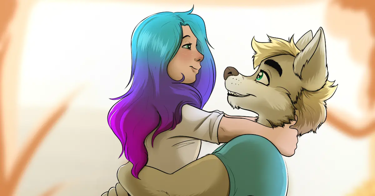 An illustration of Tidus Herboren, lifting Rhys Beouvle high up in the air in his arms, both of them smiling at each other.