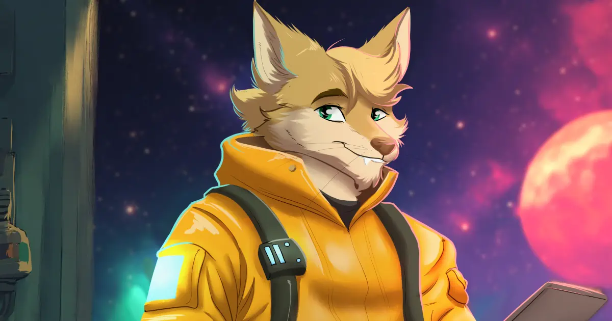 An illustration of Tidus Herboren, sitting looking cheeky in a futuristic engineering jumpsuit, a vibrant view of space in the background window.